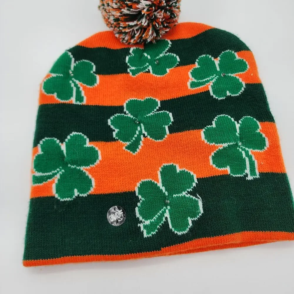 St. Patricks Day Light Up Beanie Hat Shamrock Knit Green One Size Irish Boston